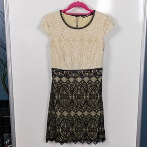 Cap Sleeve Cream and Black Lace Dress